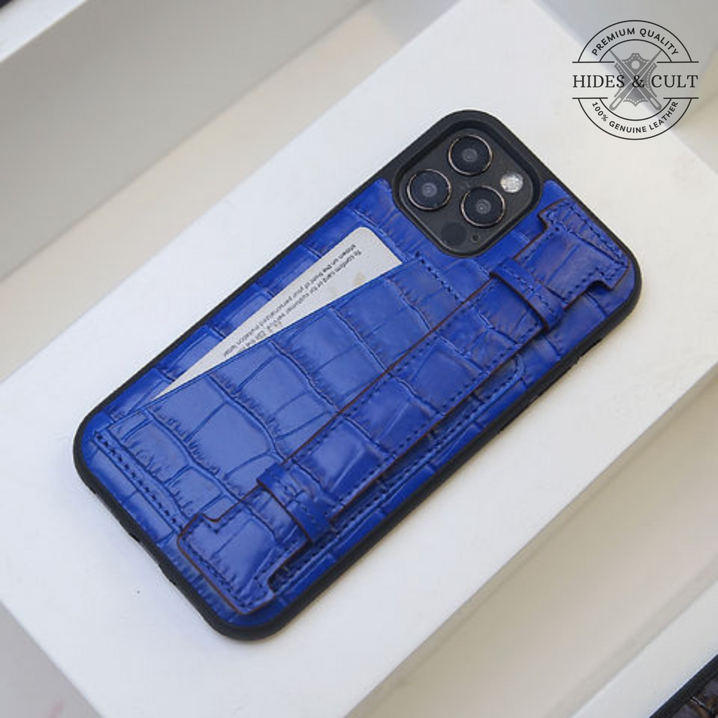 Luxury Brown - Blue Croc Embossed Shockproof Genuine Leather Iphone Case with Handle