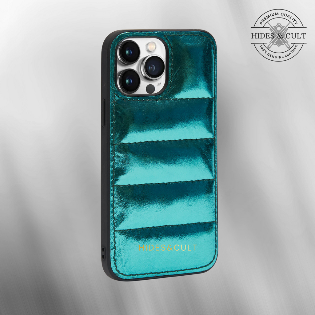 Luxury iPhone Puffer Case - Sea Blue Metallic Foil Quilted Genuine Leather Iphone Case