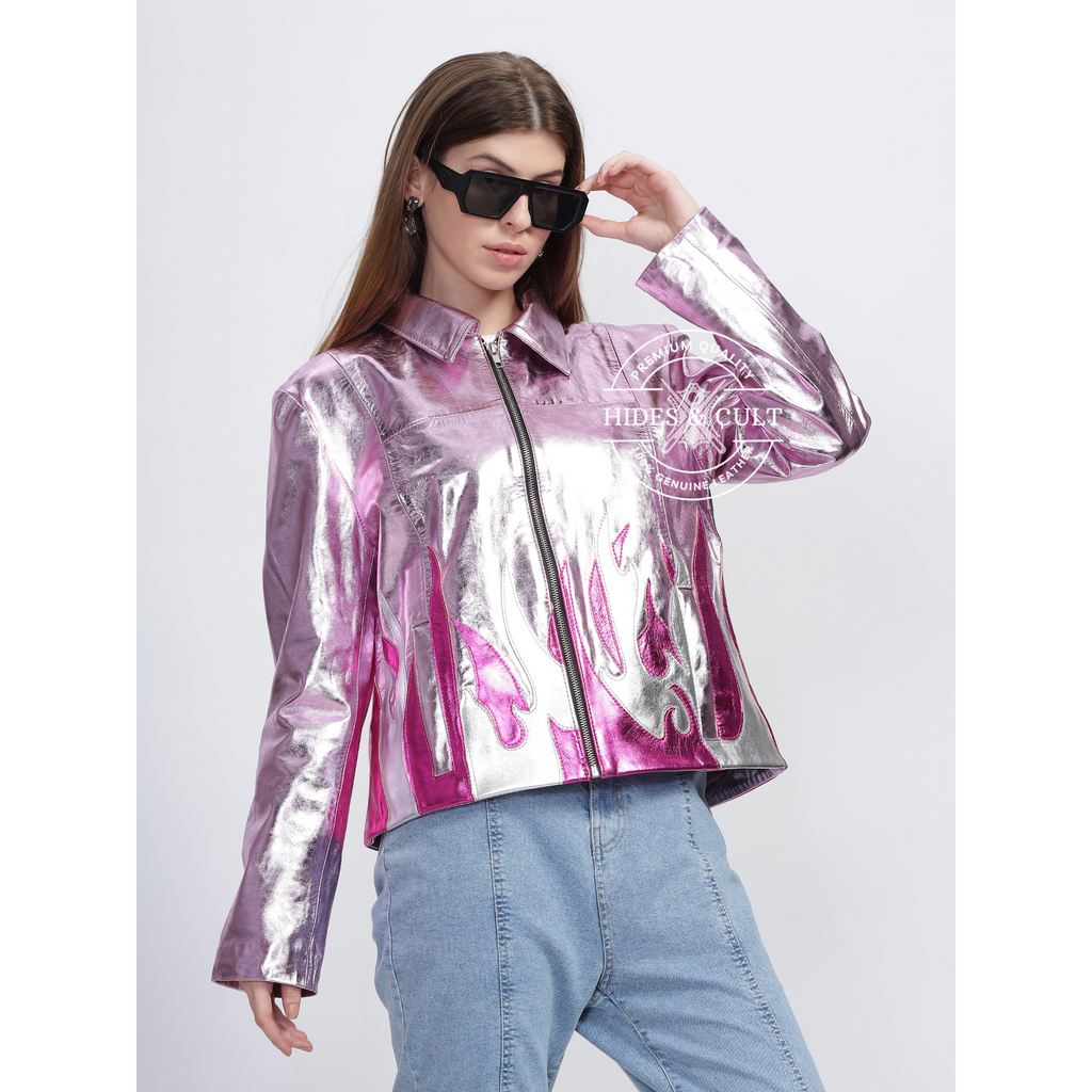 Womens Pink Metallic Foil Fire Effect Genuine Leather Jacket