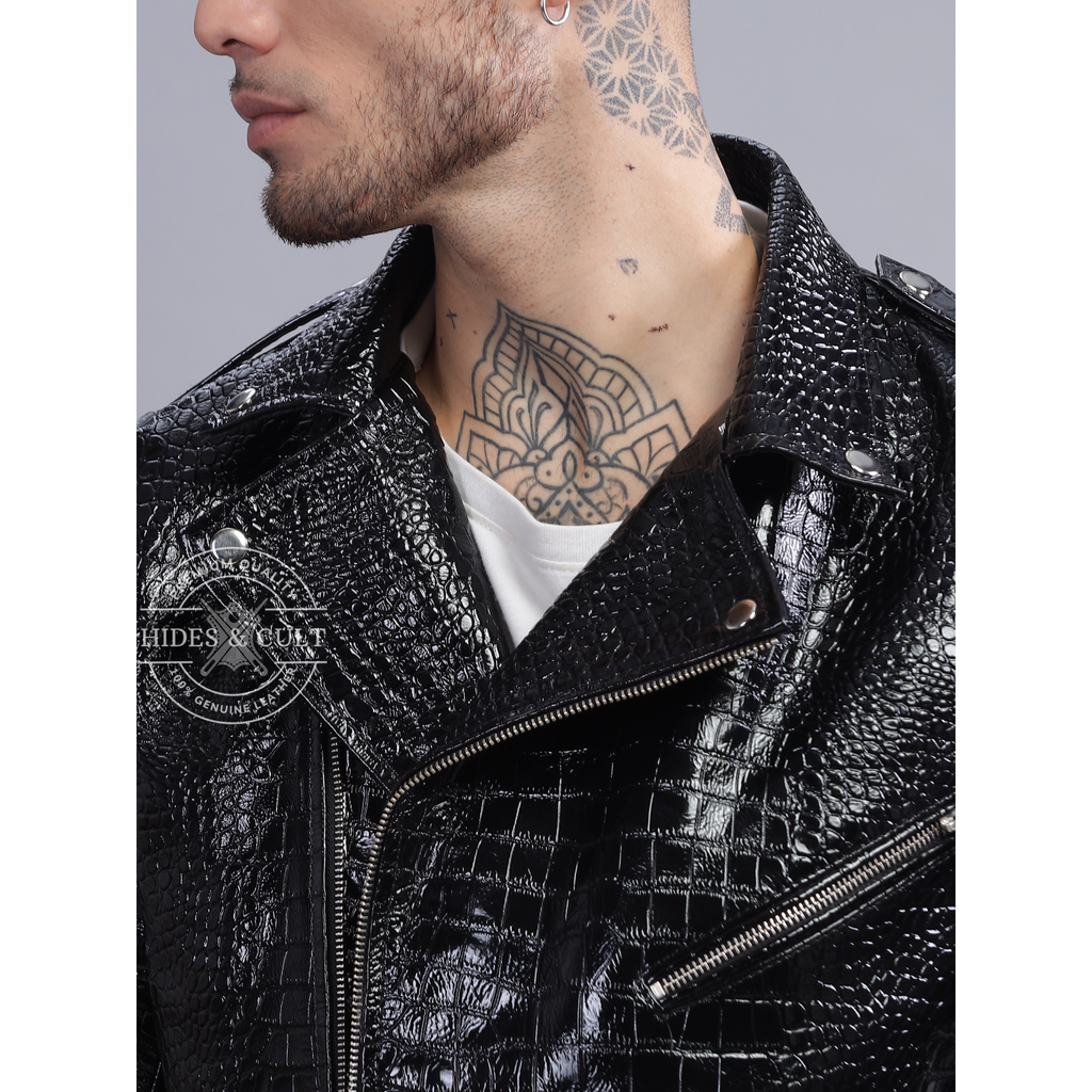 Mens Black Patent Croc Effect Motorcycle Biker Genuine Leather Jacket