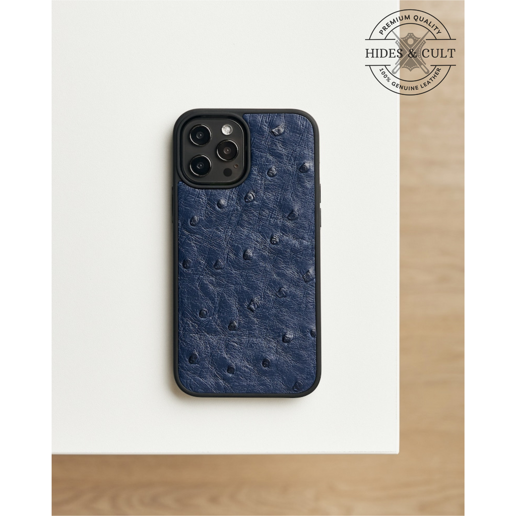 Luxury Blue Ostrich Print Shockproof Genuine Leather Iphone Case