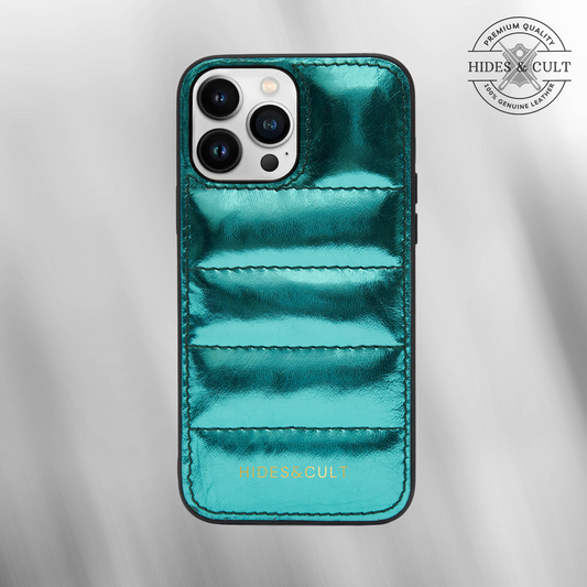 Luxury iPhone Puffer Case - Sea Blue Metallic Foil Quilted Genuine Leather Iphone Case