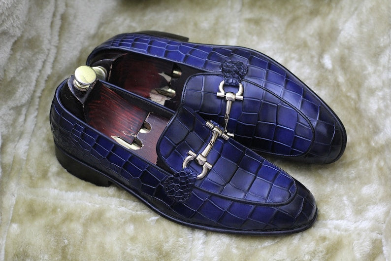 Croco Slip On Horse-bit Loafers - Royal Blue | Hides&Cult