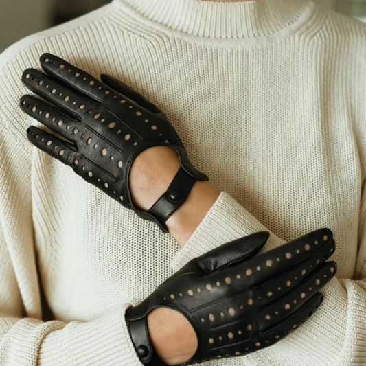 Black Handmade Leather Driving Gloves for Women