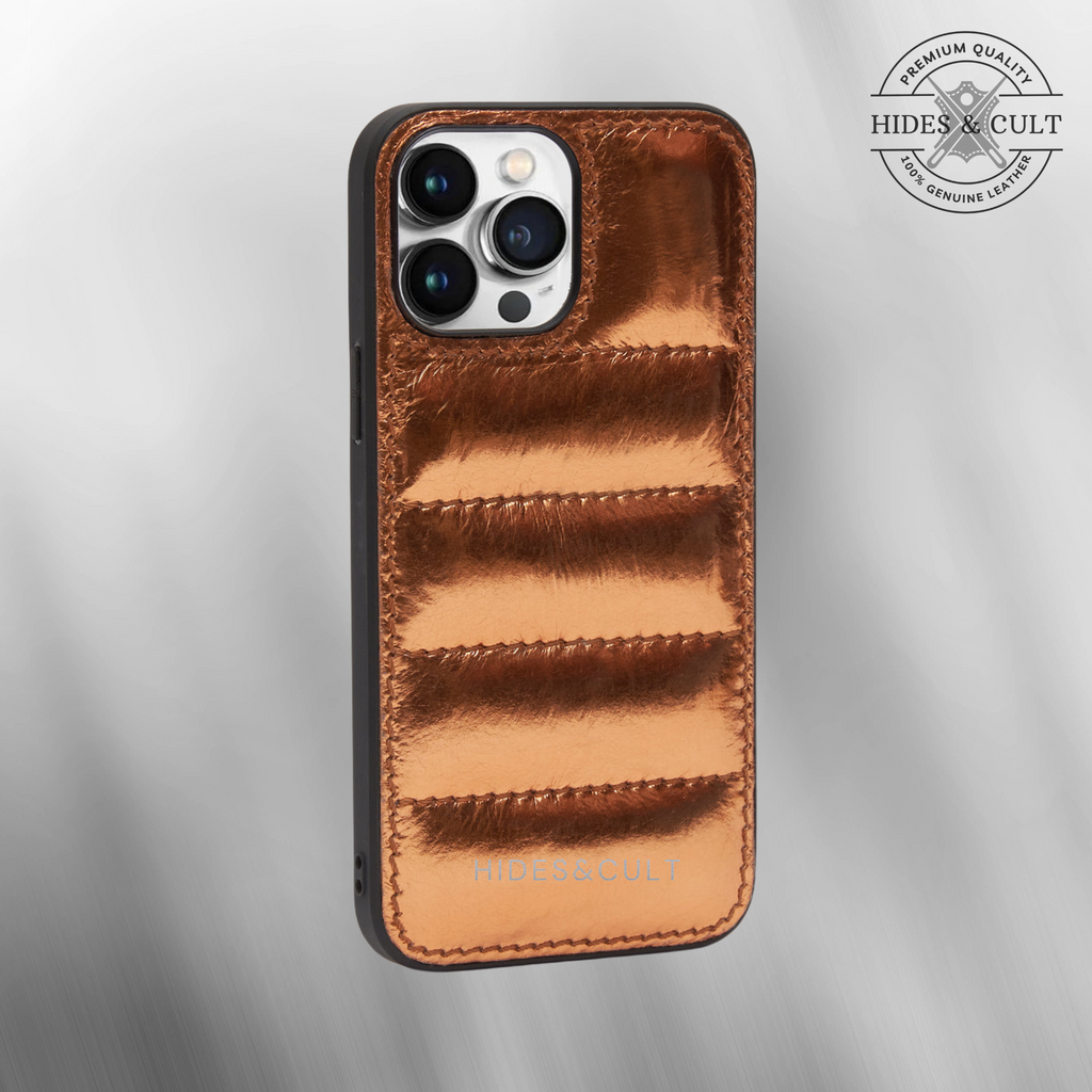 Luxury iPhone Puffer Case - Orange Bronze Metallic Foil Quilted Genuine Leather Iphone Case
