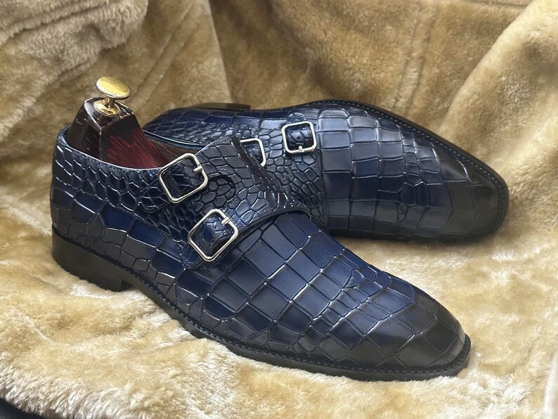Croco Double Monk Strap Shoes - Deep Blue | Hides&Cult