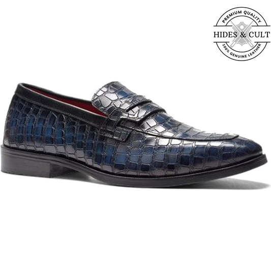 Blue Tone Croc Leather Moccasin Loafers | Hides&Cult