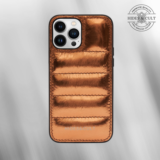 Luxury iPhone Puffer Case - Orange Bronze Metallic Foil Quilted Genuine Leather Iphone Case