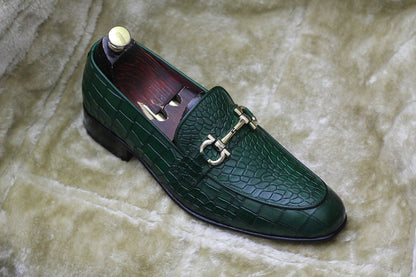 Croco Slip On Horse-bit Loafers - Green | Hides&Cult