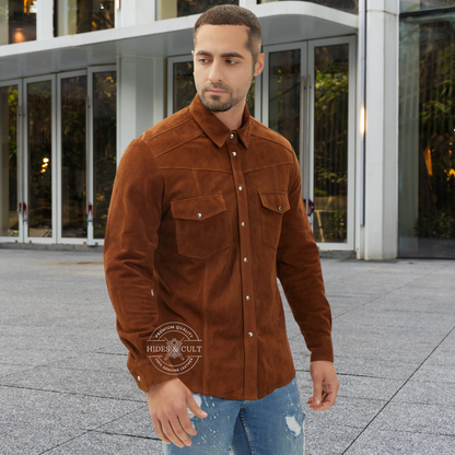 Mens Rich Brown Suede Genuine Soft Lamb Leather Shirt