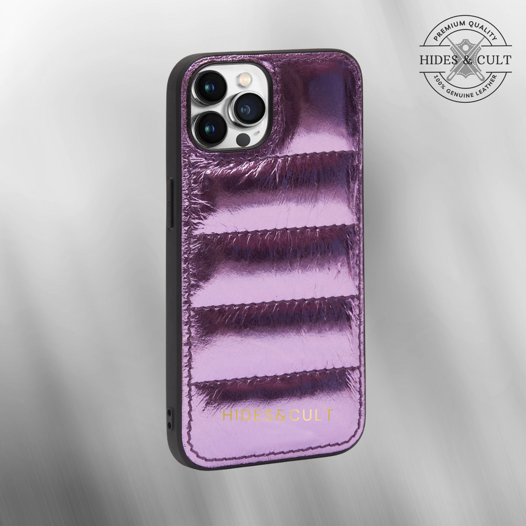 Luxury iPhone Puffer Case - Purple Metallic Foil Quilted Genuine Leather Iphone Case