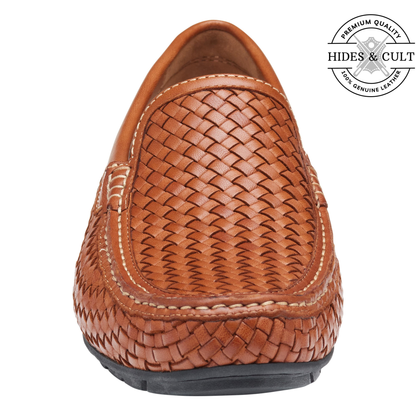 Tan Brown Woven Effect Leather Loafers | Hides&Cult
