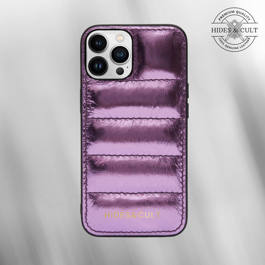 Luxury iPhone Puffer Case - Purple Metallic Foil Quilted Genuine Leather Iphone Case