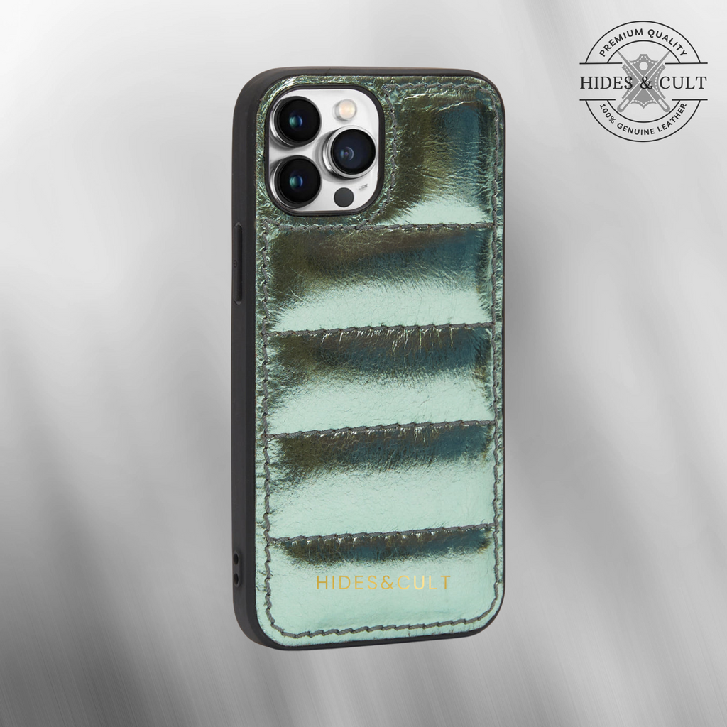 Luxury iPhone Puffer Case - Mint Green Metallic Foil Quilted Genuine Leather Iphone Case