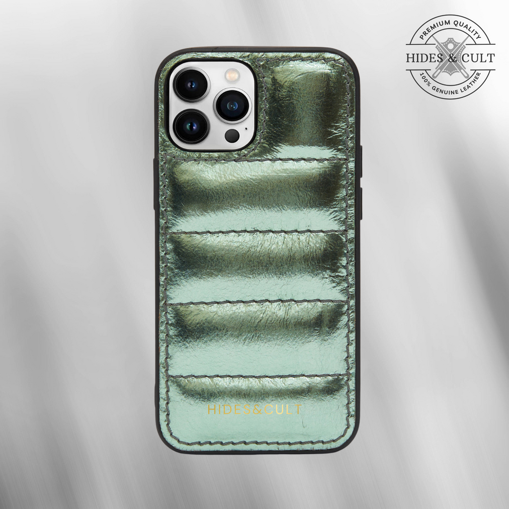 Luxury iPhone Puffer Case - Mint Green Metallic Foil Quilted Genuine Leather Iphone Case