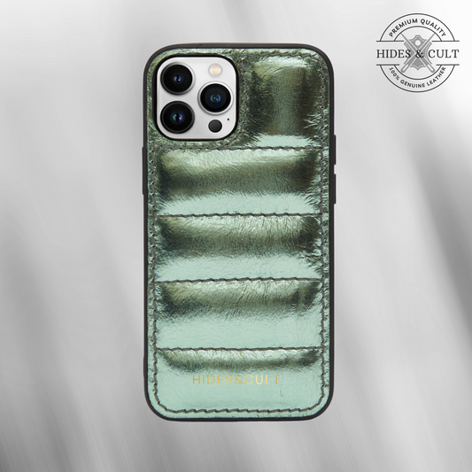 Luxury iPhone Puffer Case - Mint Green Metallic Foil Quilted Genuine Leather Iphone Case