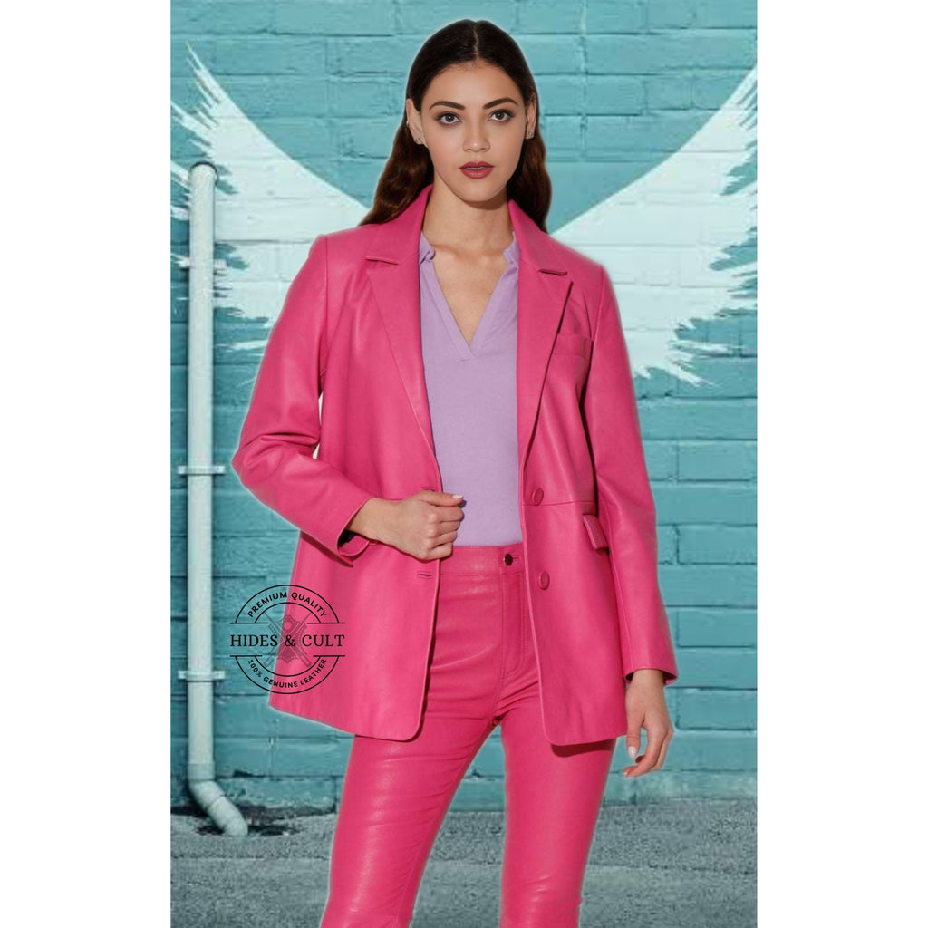 Women's Fuchsia Pink Real Leather Business Blazer