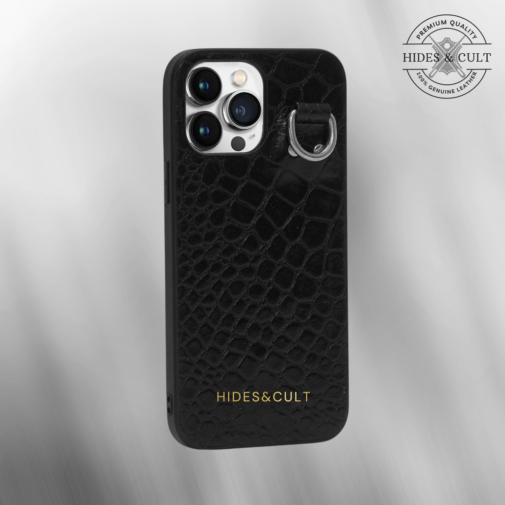 Luxury iPhone Chained Croc Case - Black Patent Croc Embossed Effect Genuine Leather Iphone Case