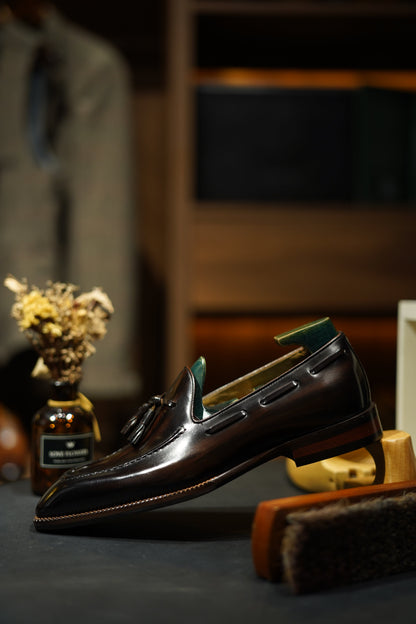 Dark Brown Hand Painted Patina Tassel Loafers | Hides&Cult