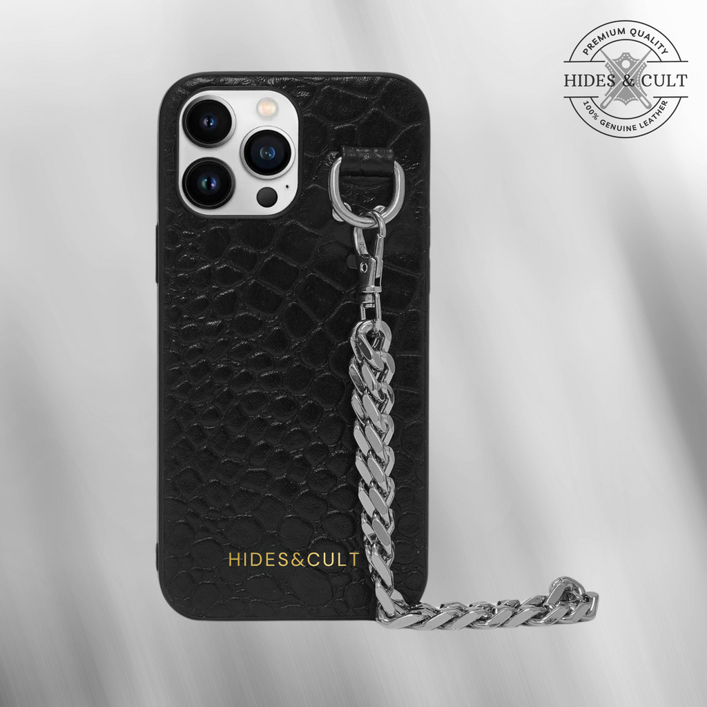 Luxury iPhone Chained Croc Case - Black Patent Croc Embossed Effect Genuine Leather Iphone Case