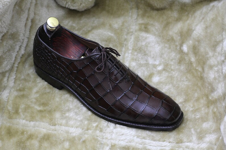 Croco Textured Lace Up Shoes - Dark Brown | Hides&Cult