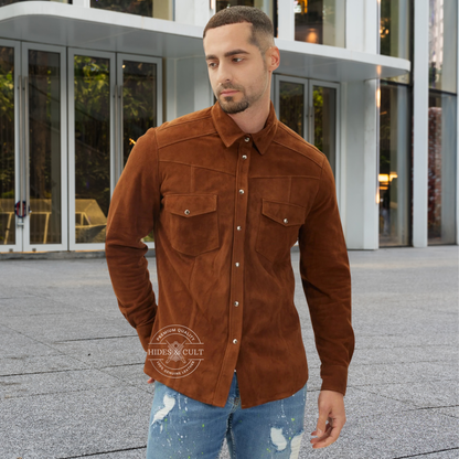 Mens Rich Brown Suede Genuine Soft Lamb Leather Shirt