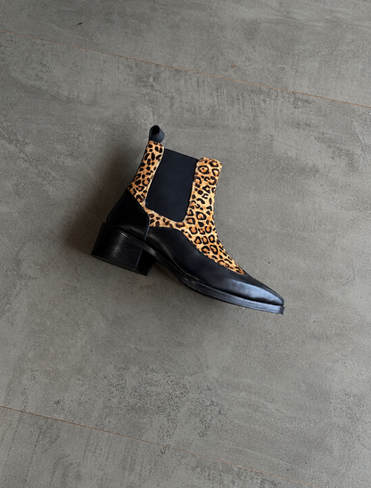 Handmade Black with Leopard Hair On Pointed Toe Cuban Heel Genuine Leather Boots Men | Hides&Cult