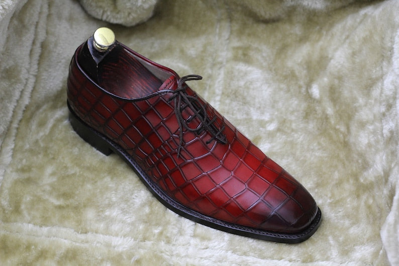Croco Textured Lace Up Shoes - Dark Red | Hides&Cult
