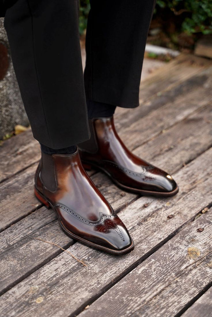 Black Classic Italian Brogue Chelsea Boots | Hides&Cult