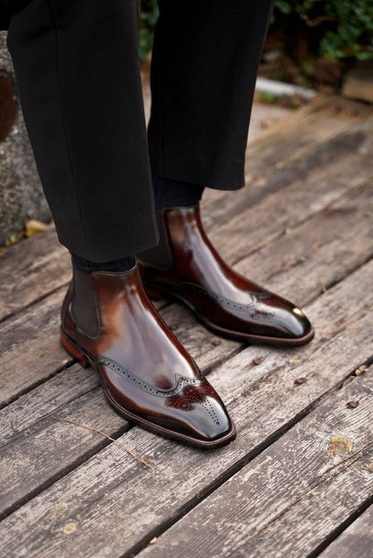Black Classic Italian Brogue Chelsea Boots | Hides&Cult
