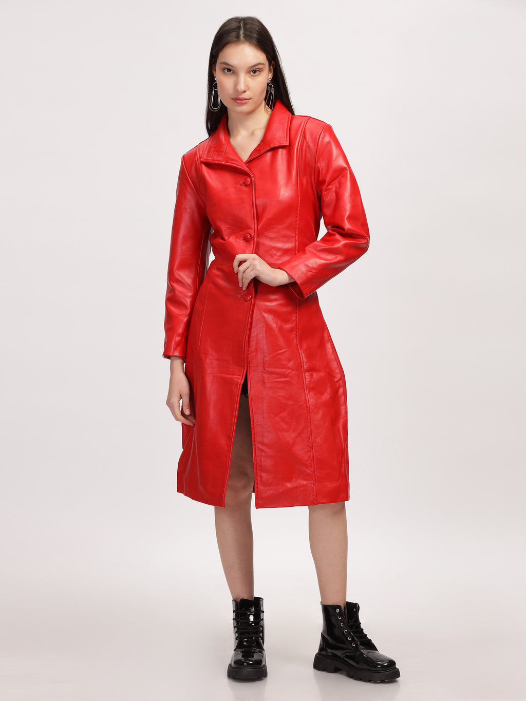 Womens Red Leather Trench Coat Long Coat