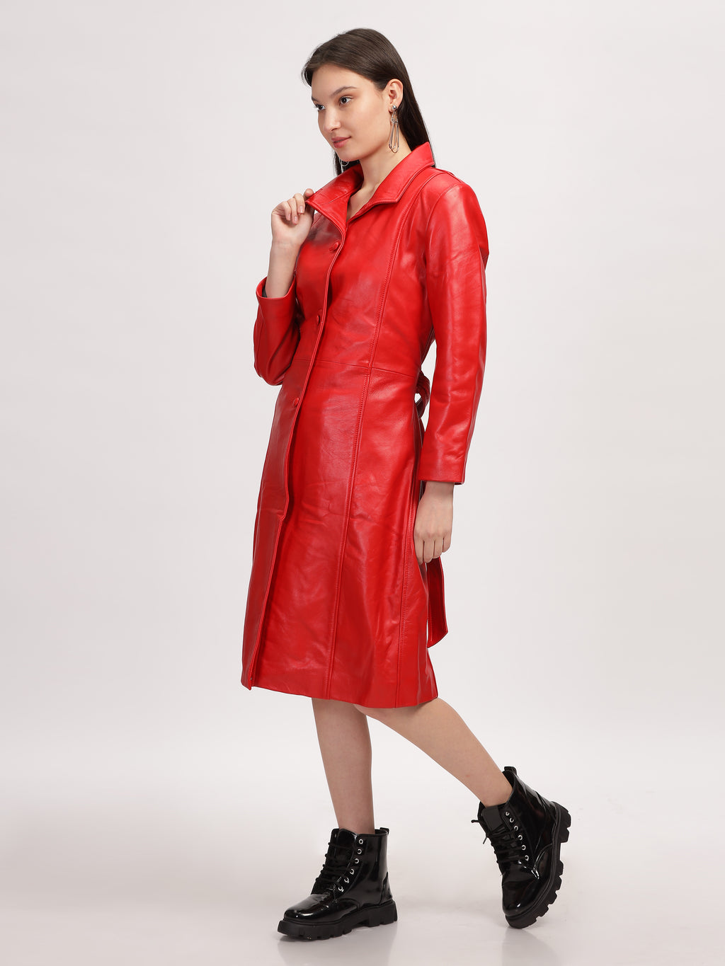 Womens Red Leather Trench Coat Long Coat