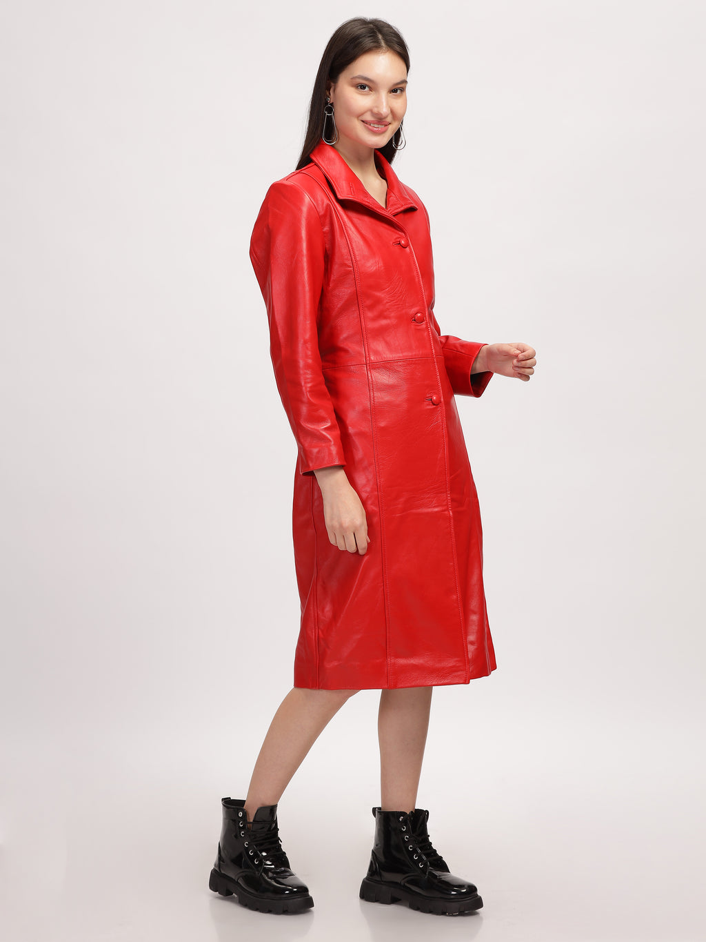 Womens Red Leather Trench Coat Long Coat