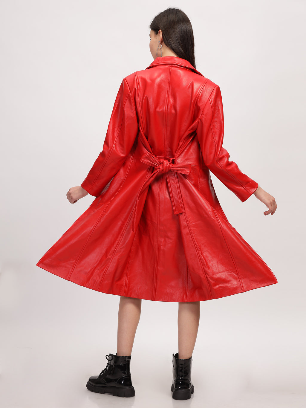 Womens Red Leather Trench Coat Long Coat