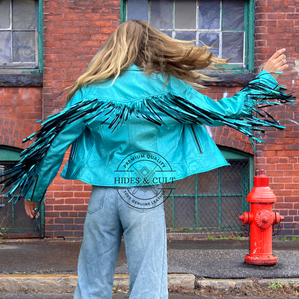 Womens Blue Metallic Foil Fringed Leather Jacket