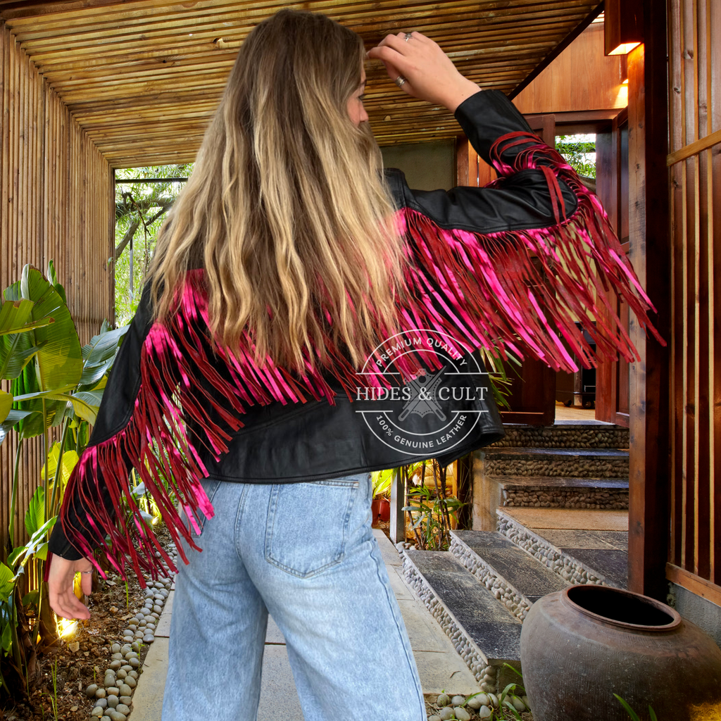 Womens Black with Fuchsia Metallic Foil Fringed Gold Hardware Leather Jacket