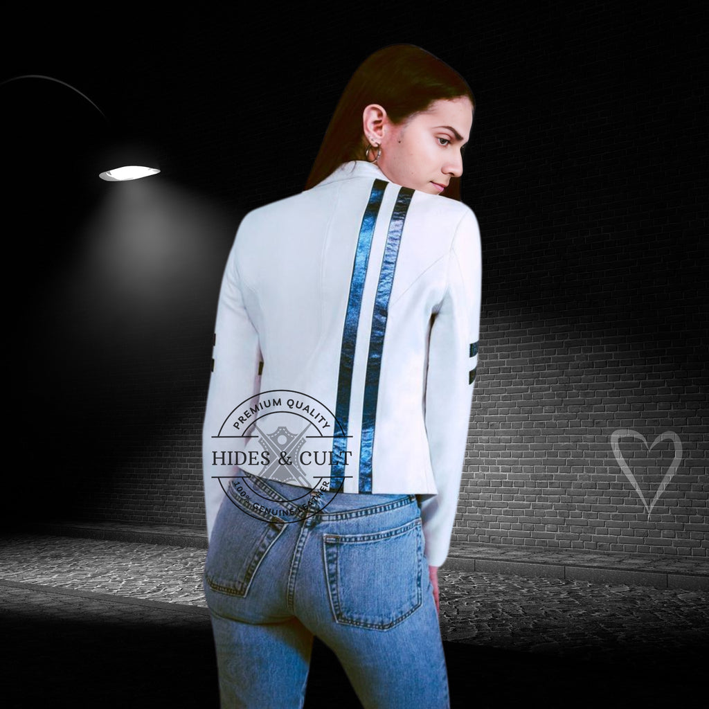 Womens White - Black Stripes Motorcycle Racer Leather Jacket