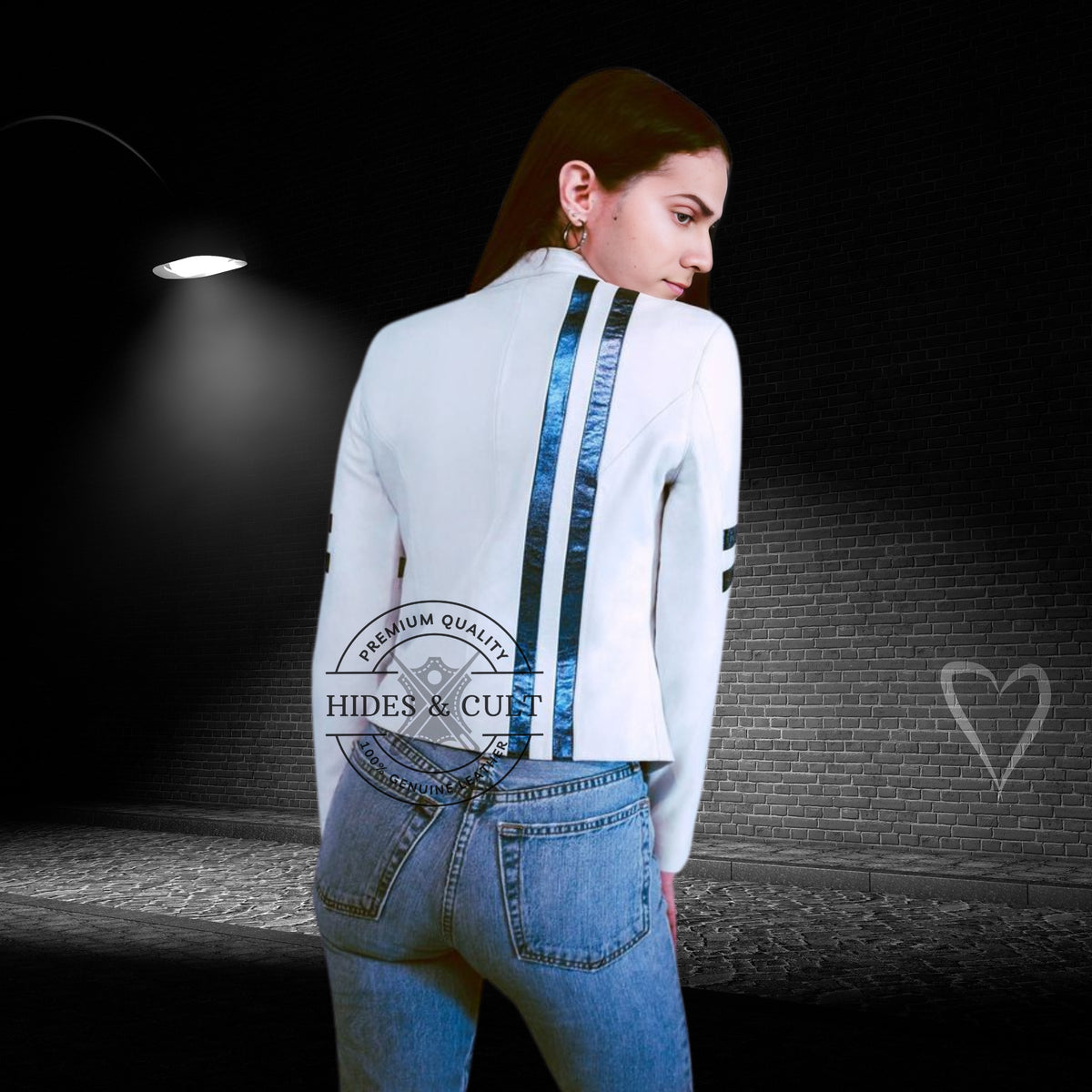 Womens White - Black Stripes Motorcycle Racer Leather Jacket