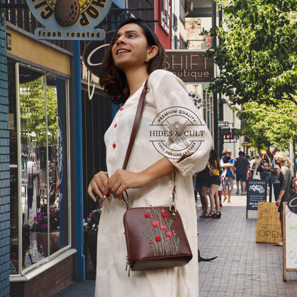 Handcrafted Brown - Red Rosebuds Embroidered Genuine Leather Square Sling Bag