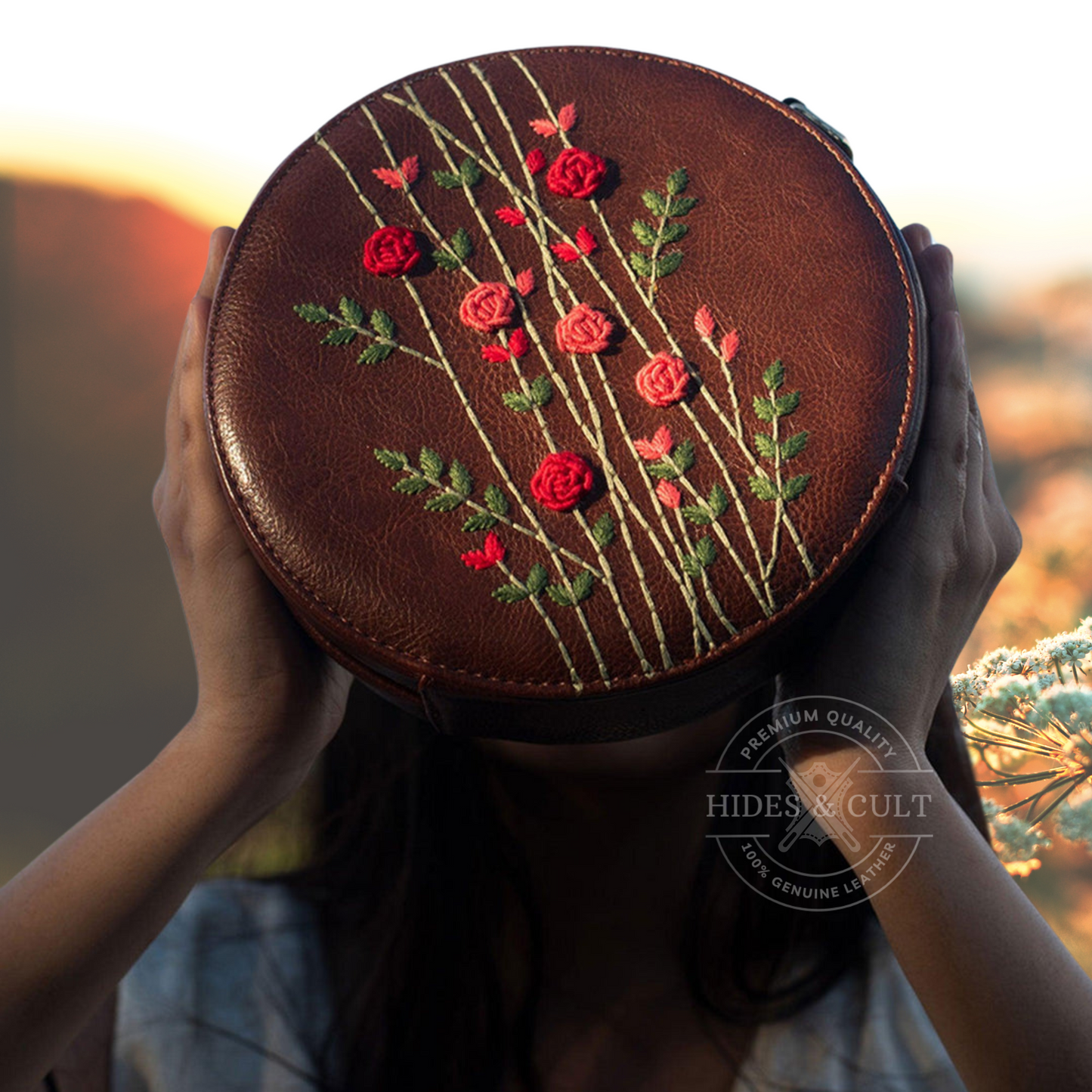 Handcrafted Brown - Red Rosebuds Embroidered Round Genuine Leather Sling Bag