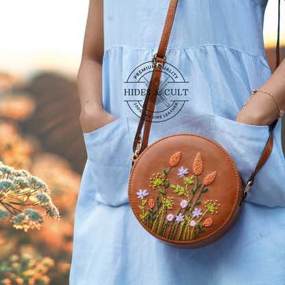 Handcrafted Tan - Orange Cornfield Embroidered Round Genuine Leather Sling Bag