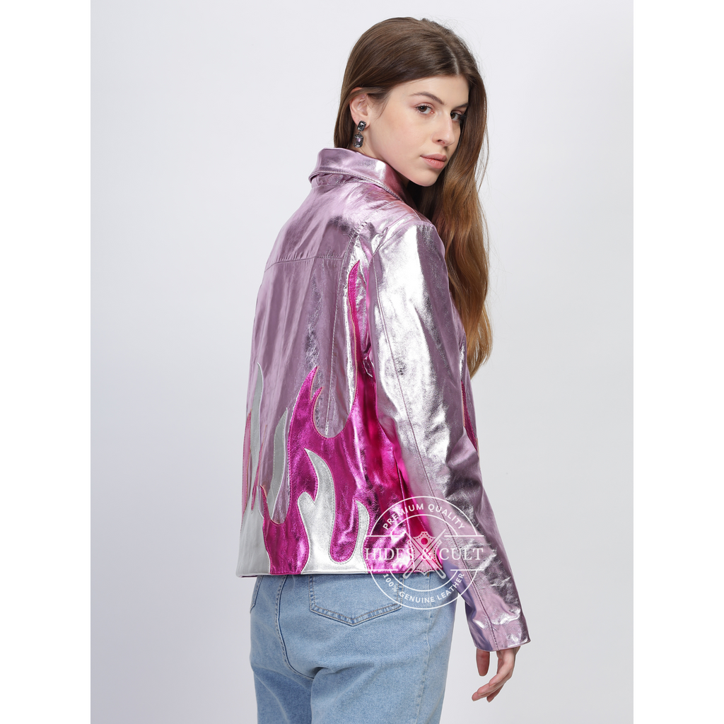 Womens Pink Metallic Foil Fire Effect Genuine Leather Jacket