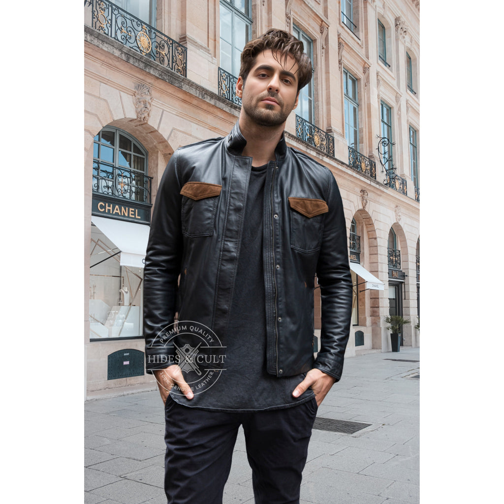 Mens Black - Brown Suede Patch Pocket Genuine Leather Jacket