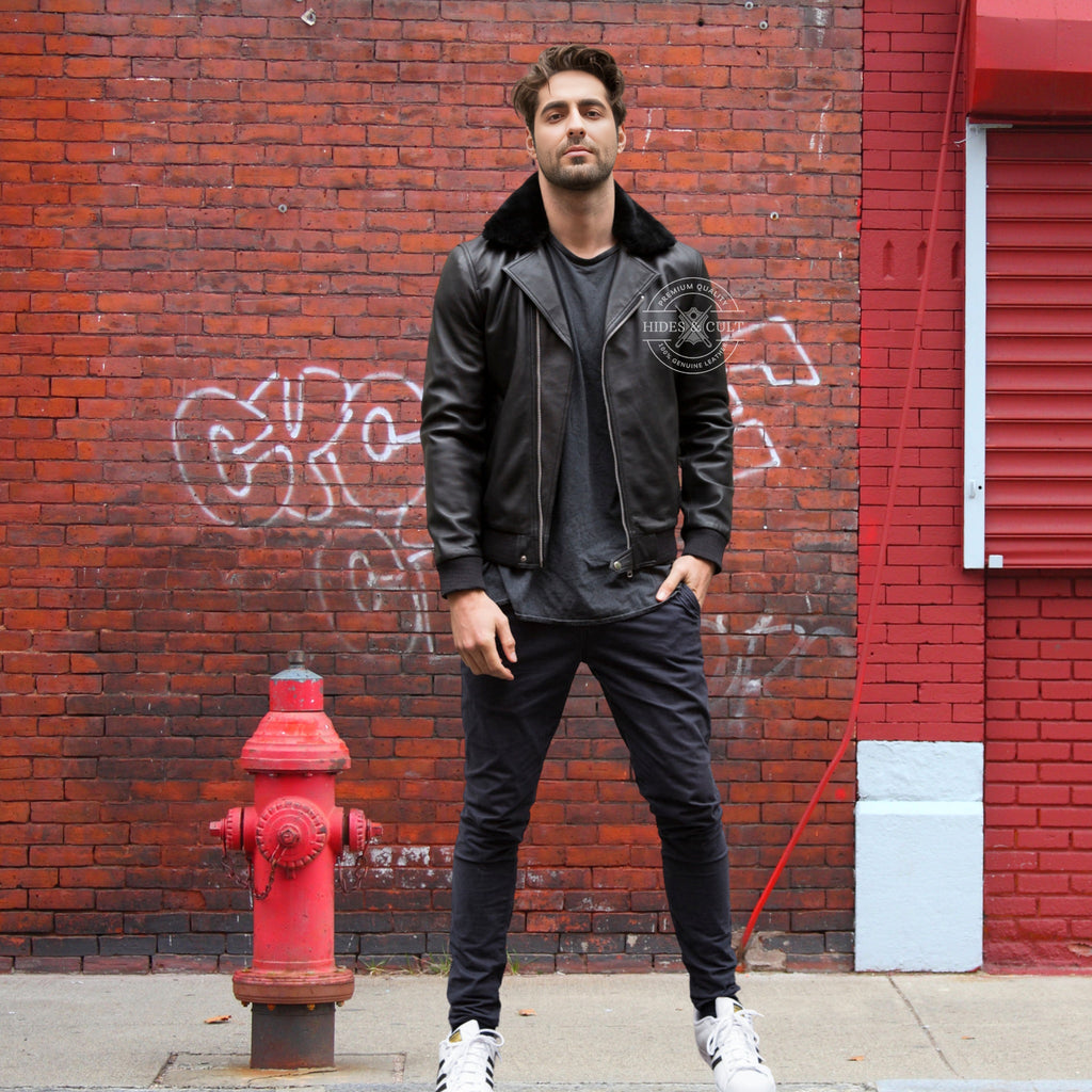 Mens Black Furr Collar Motorcycle Biker Genuine Leather Jacket