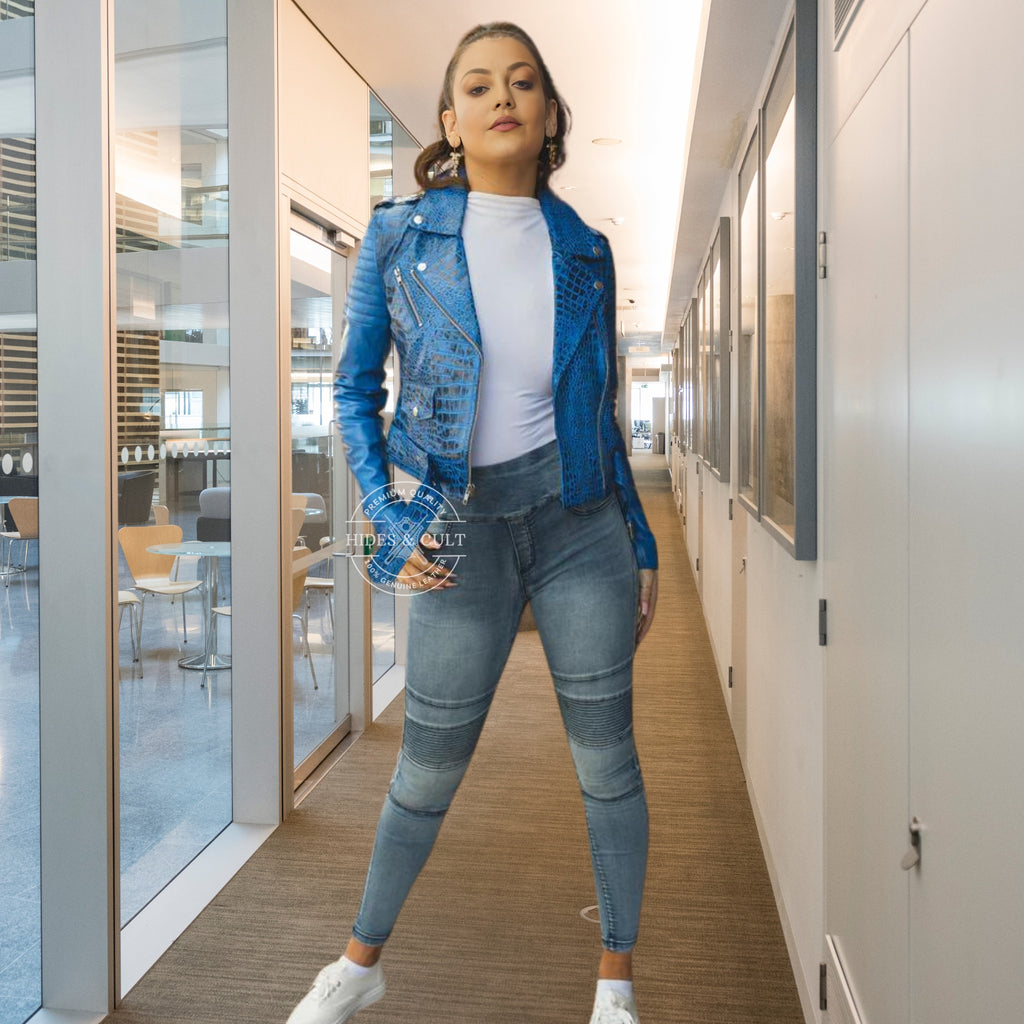 Womens Blue Croc Embossed Effect Motorcycle Biker Genuine Leather Jacket