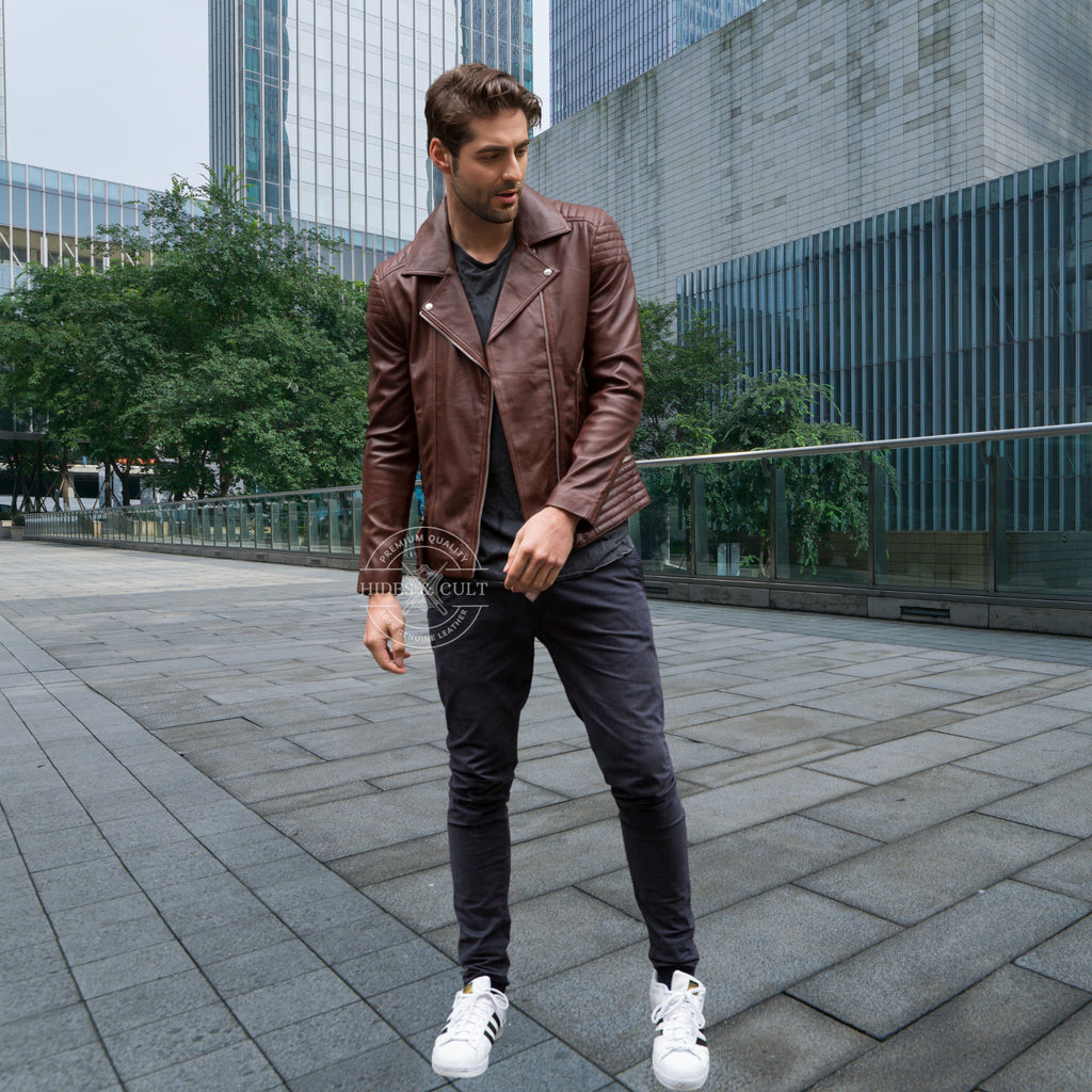 Mens Brown Tailored Motorcycle Biker Genuine Leather Jacket