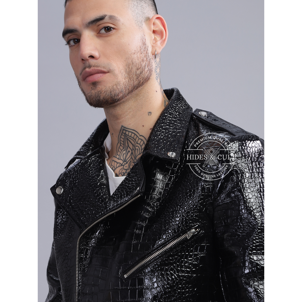 Mens Black Patent Croc Effect Motorcycle Biker Genuine Leather Jacket