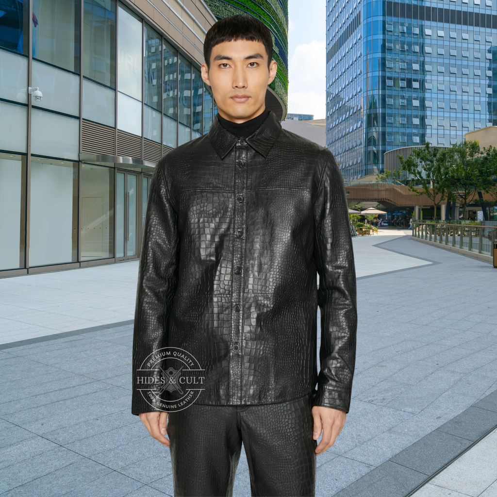 Mens Black Alligator Embossed Effect Genuine Leather Shirt