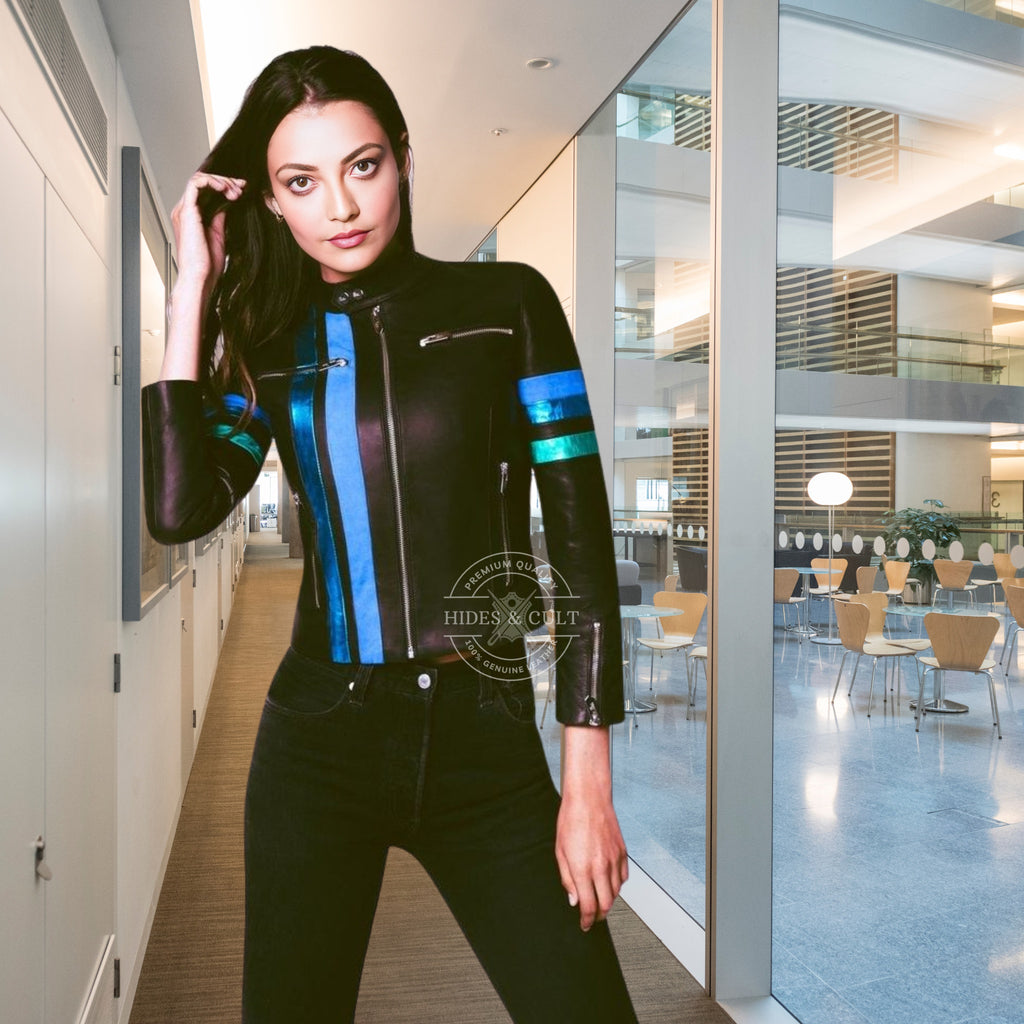 Womens Black - Metallic Stripes Motorcycle Racer Genuine Leather Jacket