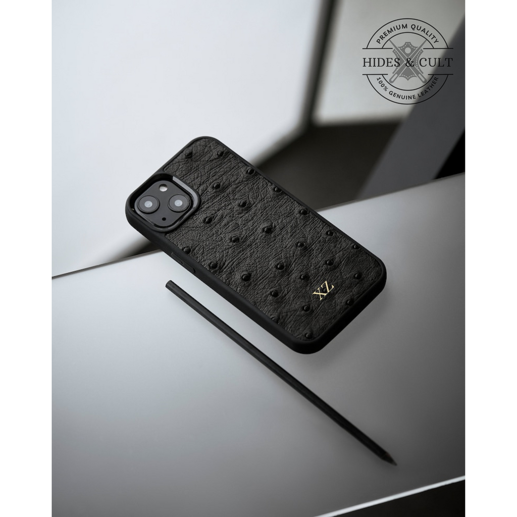 Luxury Black Ostrich Print Shockproof Genuine Leather Iphone Case